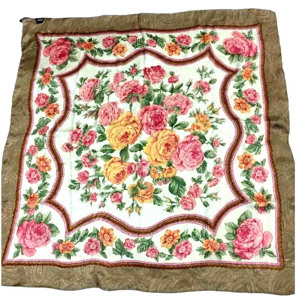 Casca Floral Square Scarf Cabbage Rose Silky Golden Shimmery Hand Rolled Hem 35" - Picture 4 of 14